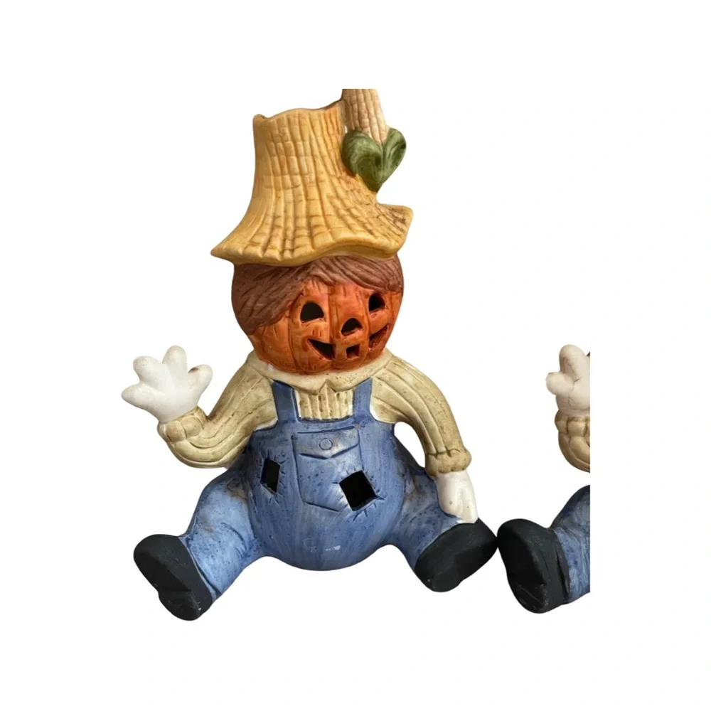 Vintage Halloween Decor : Ceramic Jack o’ Lantern Scarecrows : candle holder
